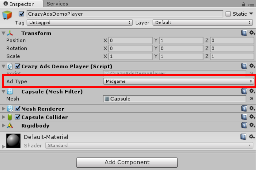 Crazy ads demo player inspector